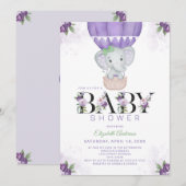 パープル エレファント ホット エア バルーン フラワーベイビーシャワー 招待状 (正面/裏面)