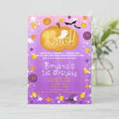 パープル＆オレンジの1歳誕生日ハロウィンパーティー 招待状 (スタンド正面)