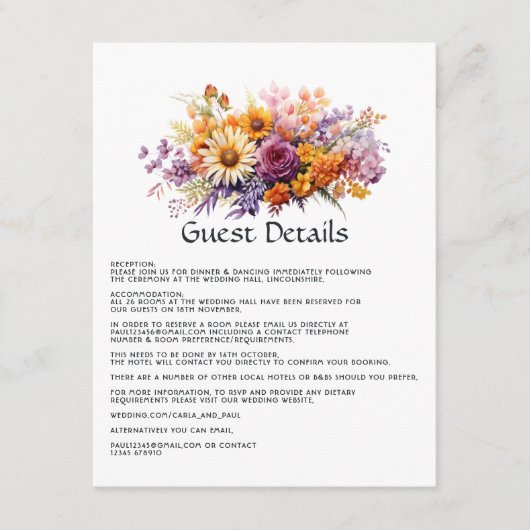 パープル、オレンジ、イエローのフローラゲスト詳細 エンクロージャーカード (正面)