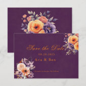 パープル オレンジ フラワル ウェディング セーブ・ザ・デート カード (正面/裏面)
