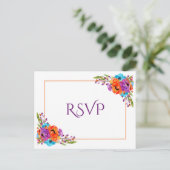 パープル オレンジ フラワーズ ウォーターカラー ウェディング RSVP インビテーションポストカード (スタンド正面)