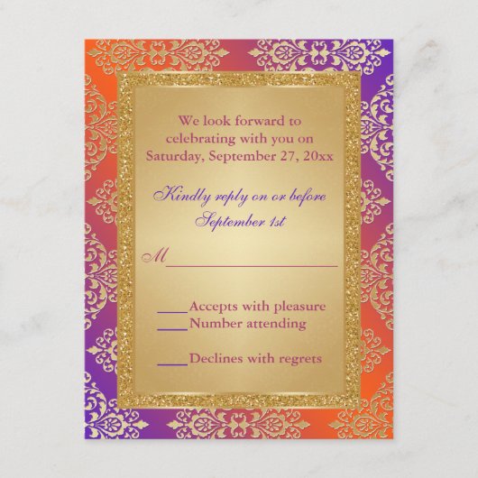パープル オレンジ 偽 ゴールド グリッター、ダマスク RSVP カード (正面)