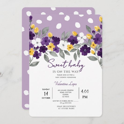 パープル | カラフルな花のベイビーシャワー 招待状 (正面/裏面)