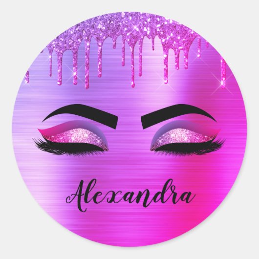 パープル グリッター スパークル eyelashes モノグラム 名前 ラウンドシール (正面)