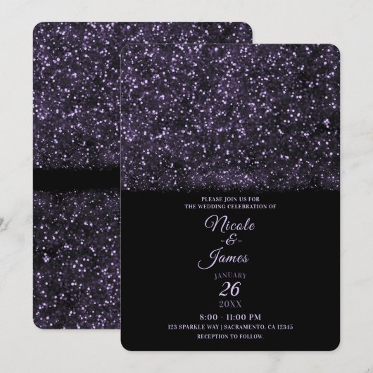 パープル グリッター 輝く ライト ウェディング 招待状 (正面/裏面)
