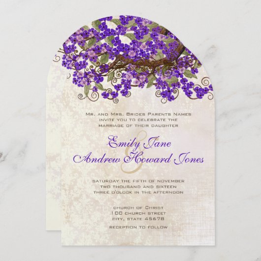 パープル&グリーンさくらんぼブロッサムティーステイン 招待状 (正面/裏面)