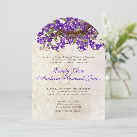 パープル&グリーンさくらんぼブロッサムティーステイン 招待状 (スタンド正面)