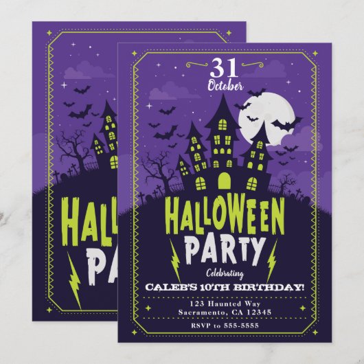 パープル＆グリーンのお化け屋敷ハロウィンパーティー 招待状 (正面/裏面)