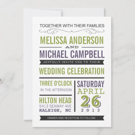 パープル&グリーンタイポグラフィ結婚式招待状 招待状 (正面)