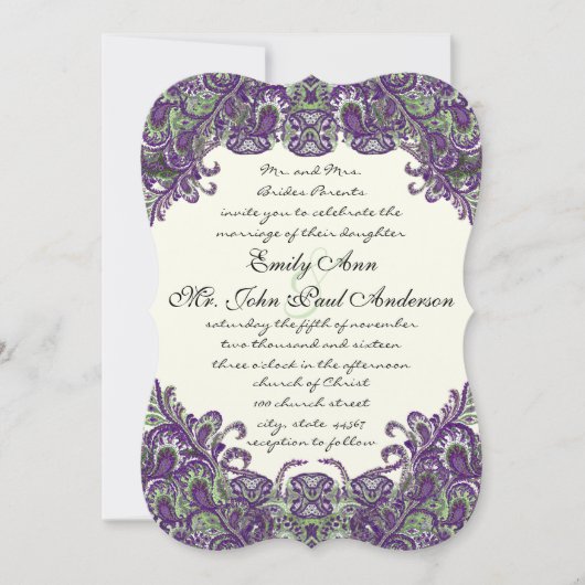 パープル&グリーンピーコックアイボリー結婚式招待状 招待状 (正面)