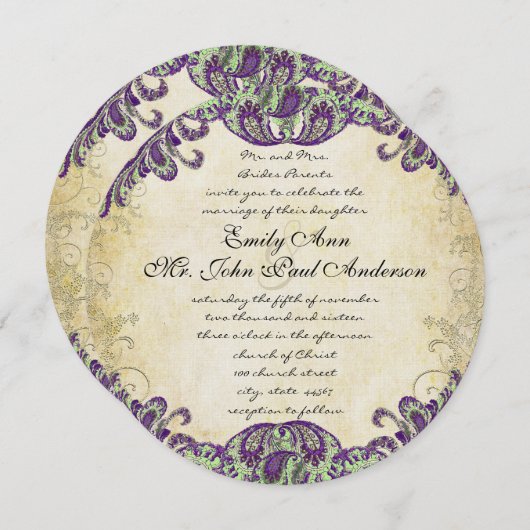 パープル&グリーンピーコック結婚式招待状 招待状 (正面/裏面)