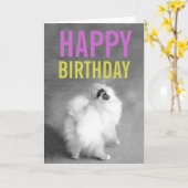 パープル&グリーンポメラニア犬ハッピーバースデーカード カード (黄色い花)