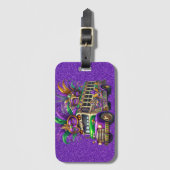 パープル&グリーンマルディグラスバス&フェザー ラゲッジタグ (正面縦)