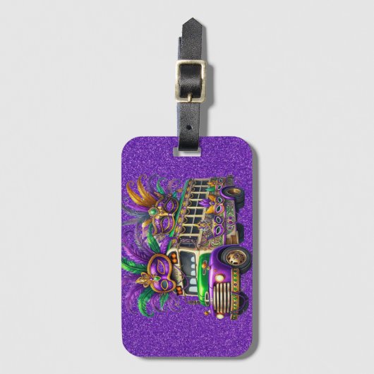 パープル&グリーンマルディグラスバス&フェザー ラゲッジタグ (正面縦)