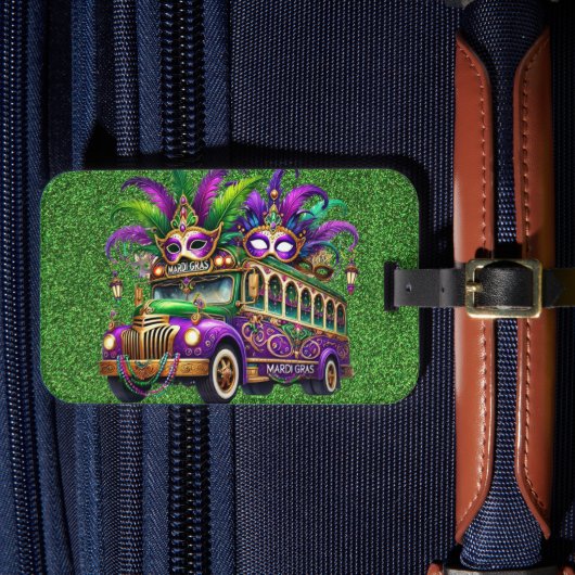 パープル&グリーンマルディグラスバス&フェザー ラゲッジタグ (正面インサイチュ4)