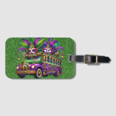 パープル&グリーンマルディグラスバス&フェザー ラゲッジタグ (正面横)