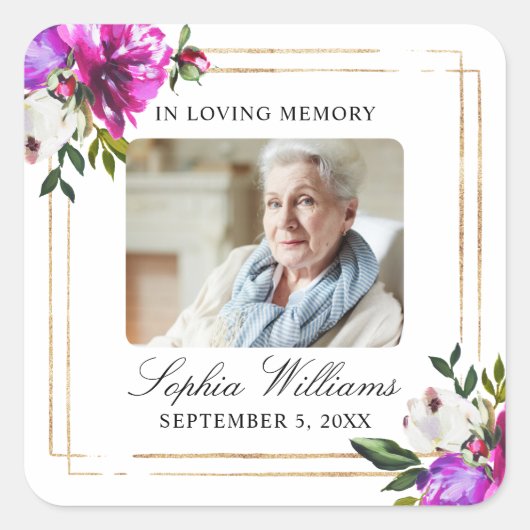 パープル&グリーンメモリアル葬儀広場ステッカー スクエアシール (正面)