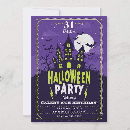 パープル&グリーン幽霊のよく出るハウスハローウィンパーティ 招待状 (正面)