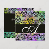 パープル グリーン イエロー ブラック ダマスク モノグラム , ホワイト 招待状 (正面/裏面)