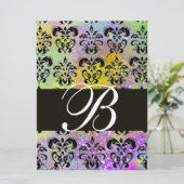 パープル グリーン イエロー ブラック ダマスク モノグラム , 白 招待状 (スタンド正面)