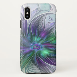 パープル グリーン フラワー アブストラクト フラクタルアート モノグラム iPhone XSケース