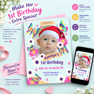パープル グリーン フラワー バタフライ 1歳 誕生日 写真 招待状
