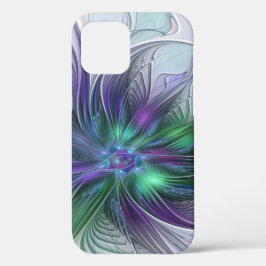 パープル グリーン フラワー モダン アブストラクト アート フラクタル iPhone 12ケース