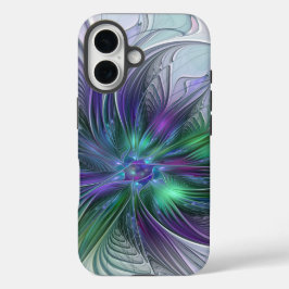 パープル グリーン フラワー モダン アブストラクト アート フラクタル iPhone 16ケース