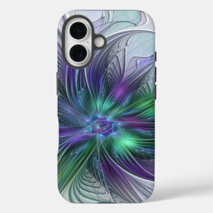 パープル グリーン フラワー モダン アブストラクト アート フラクタル iPhone 16ケース