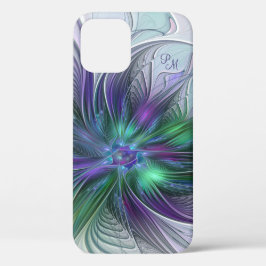 パープル グリーン フラワー 抽象芸術 フラクタルイニシャル iPhone 12ケース