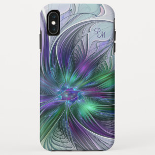 パープル グリーン フラワー 抽象芸術 フラクタルイニシャル iPhone XS MAXケース