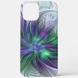 パープル グリーン フラワー 抽象芸術 フラクタルイニシャル iPhone 12 PRO MAX ケース