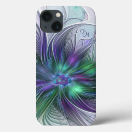 パープル グリーン フラワー 抽象芸術 フラクタル モノグラム iPhone 13ケース
