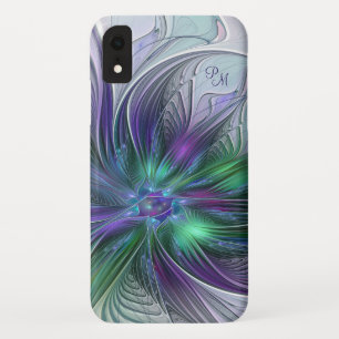 パープル グリーン フラワー 抽象芸術 フラクタル モノグラム iPhone XRケース