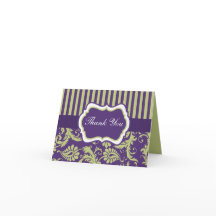 パープル、グリーン、ホワイトのダマスク柄サンキューカード