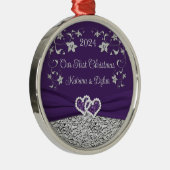 パープル、グレイ ラブハーツ ウェディング ファースト クリスマス メタルオーナメント (右)