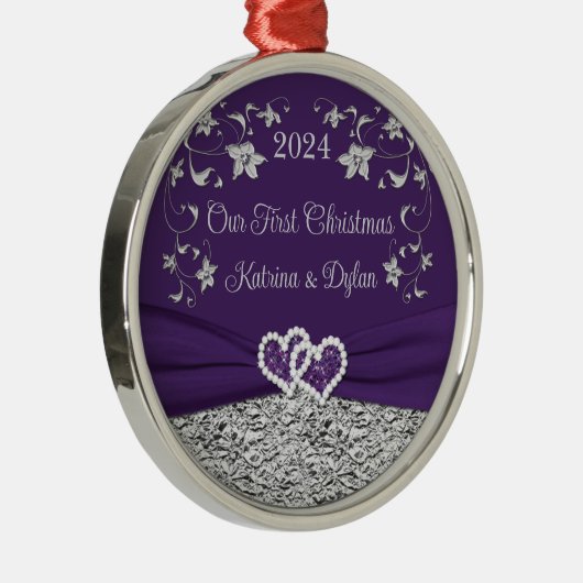 パープル、グレイ　ラブハーツ　ウェディング　ファースト　クリスマス メタルオーナメント (右)