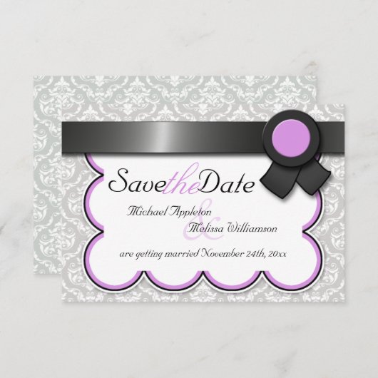 パープル＆グレーのダマスク柄の結婚式の招待状（Save the Date） 招待状 (正面/裏面)