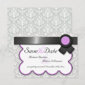 パープル＆グレーのダマスク柄の結婚式用「Save the Date」カード 招待状 (正面/裏面)