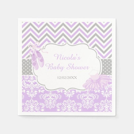パープル&グレーシェブロンバレリーナベビーシャワー スタンダードカクテルナプキン (正面)