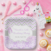 パープル&グレーシェブロンバレリーナ誕生日 ペーパープレート (パーティー)