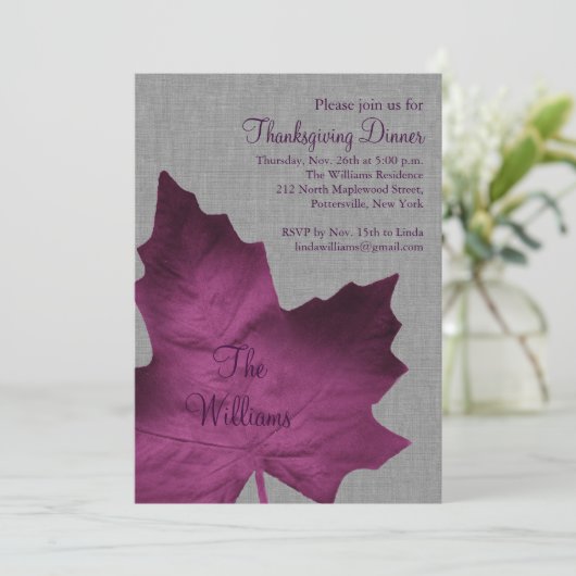 パープル&グレーリネンサンクスギビングディナー招待状 招待状 (スタンド正面)