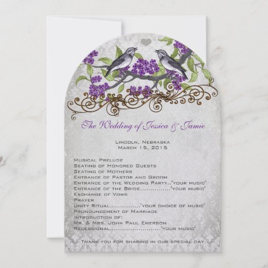 パープル&グレーヴィンテージバードダマスクウェディング招待状 招待状 (正面)
