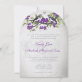 パープル&グレーヴィンテージラブバード結婚ズ 招待状 (正面)