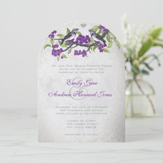 パープル&グレーヴィンテージラブバード結婚ズ 招待状 (スタンド正面)