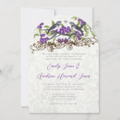 パープル&グレーヴィンテージラブバード結婚ズ 招待状 (正面)