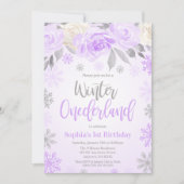パープル グレー フラワー ウィンター ワンダーランド 1歳 誕生日 招待状 (正面)