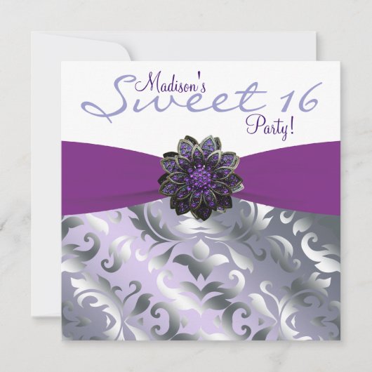 パープル グレー Sweet 16 誕生日パーティー 招待状 (正面)