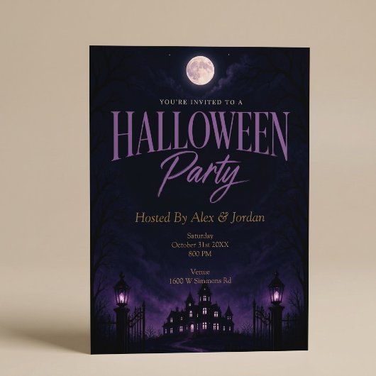 パープル ゴシック お化け屋敷 ハロウィンパーティー 招待状
