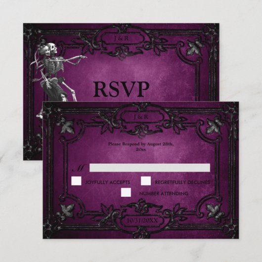 パープル ゴシック ハロウィン ウェディング RSVP カード (正面/裏面)